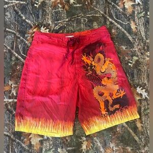 Y2K Utility Brand Fire Dragon Logo Board Shorts Men's Size 34/XL